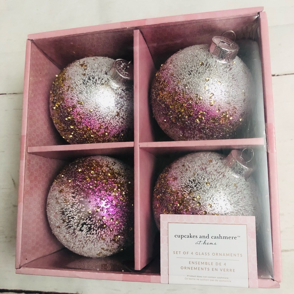 4-NWT CUPCAKE AND CASHMERE  PINK OMBRÉ BEADED GLASS BALL ORNAMENT